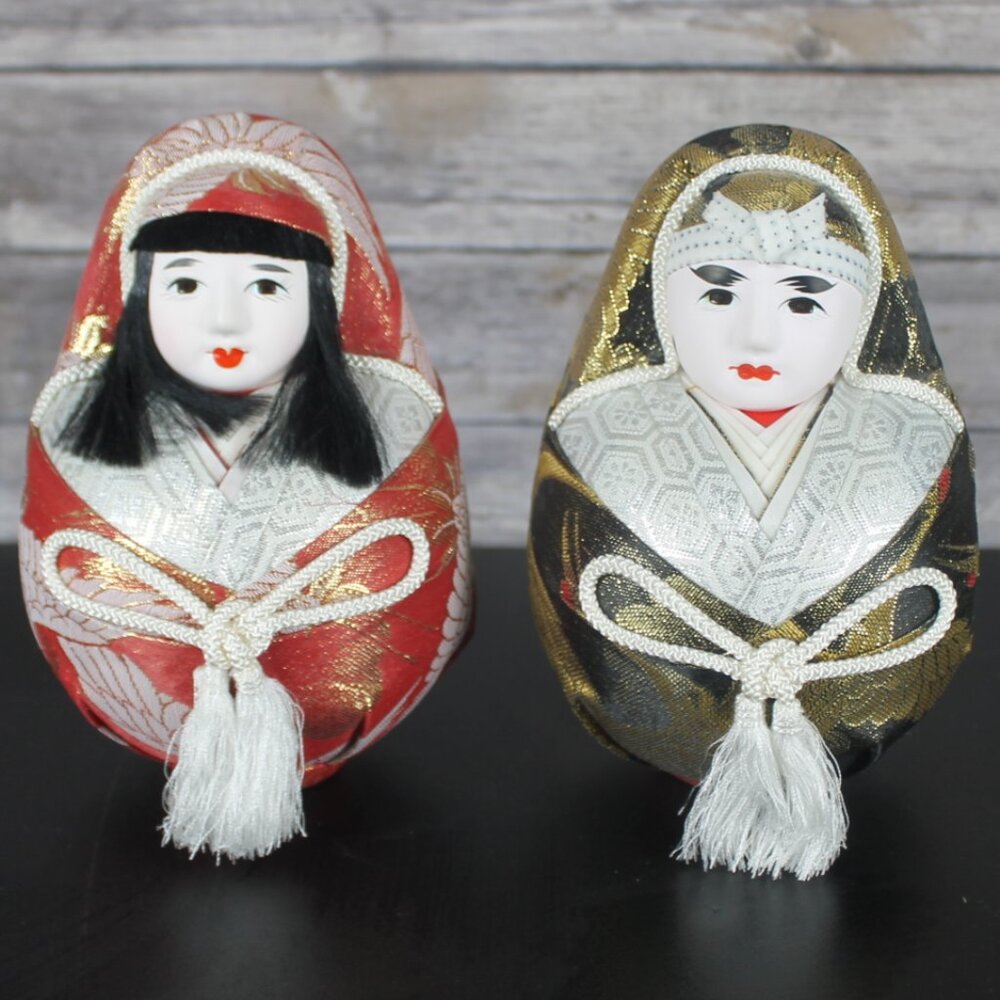 Japanese Daruma Doll Set of 2 Kimono Pattern Vintage Retro from Japan 7.5" Tall
